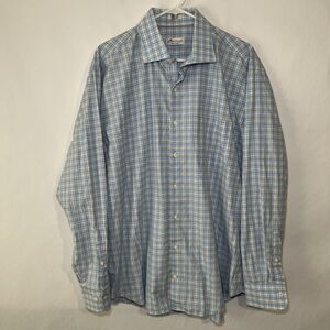 Peter Millar Crown Finish Button Up Shirt Mens Size XL Blue Plaid Long Sleeve